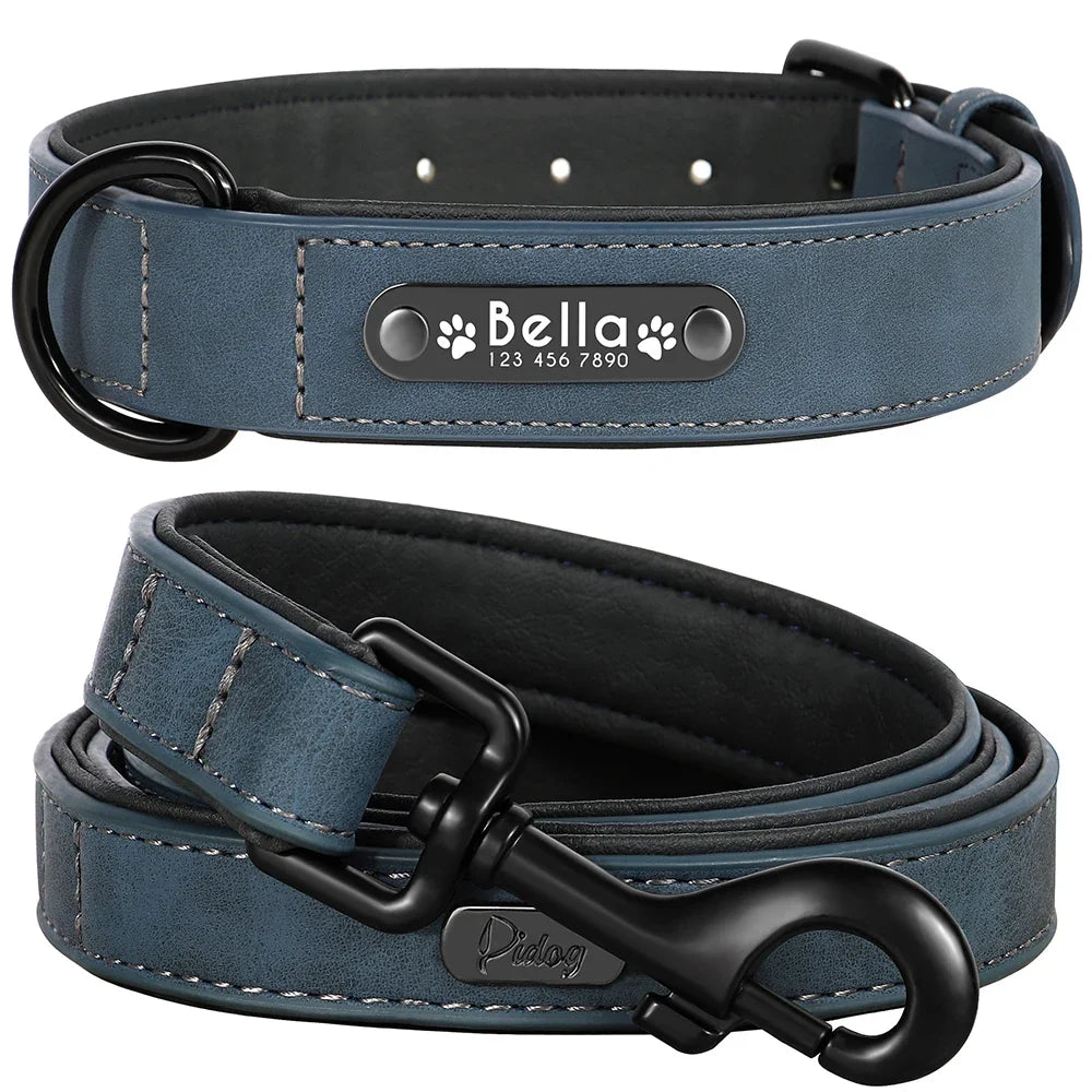Custom Leather Dog Collar Leash Personalized Pet Collars and Leash Set Durable Leather Collar Lead for Small Medium Large Dogs